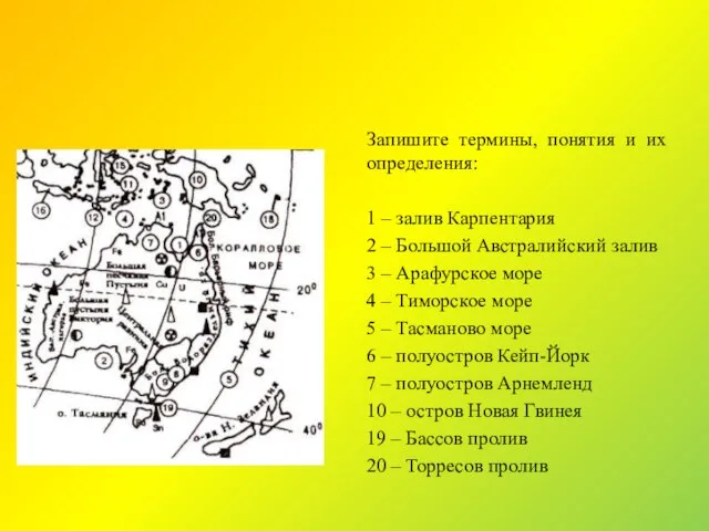 Запишите термины, понятия и их определения: 1 – залив Карпентария 2 –