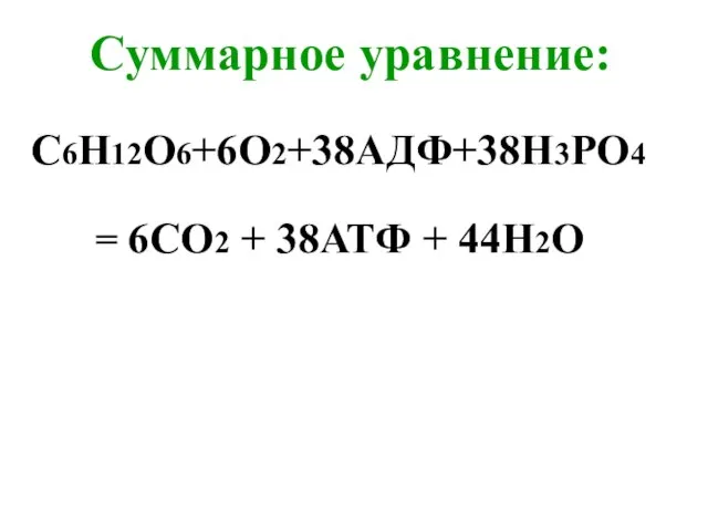 Суммарное уравнение: С6Н12О6+6О2+38АДФ+38Н3РО4 = 6СО2 + 38АТФ + 44Н2О