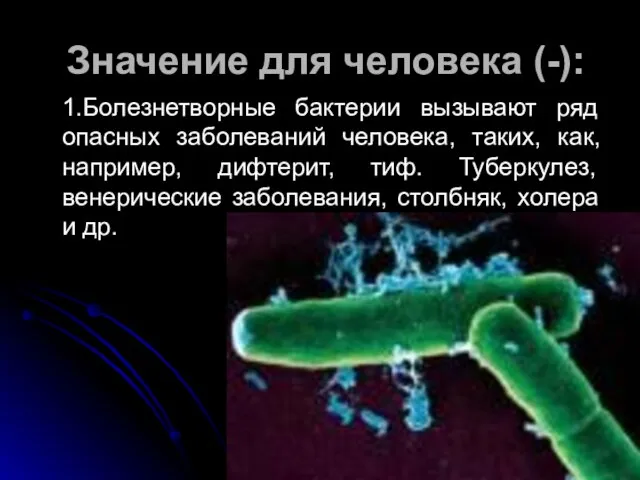 Значение для человека (-): 1.Болезнетворные бактерии вызывают ряд опасных заболеваний человека, таких,