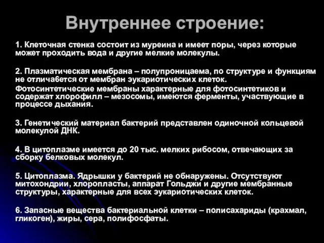 Внутреннее строение: 1. Клеточная стенка состоит из муреина и имеет поры, через