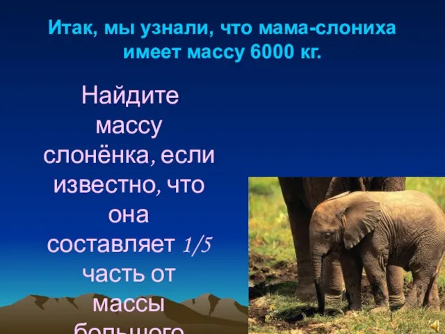 Итак, мы узнали, что мама-слониха имеет массу 6000 кг. Найдите массу слонёнка,