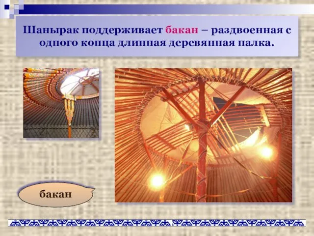 Шанырак поддерживает бакан – раздвоенная с одного конца длинная деревянная палка. бакан