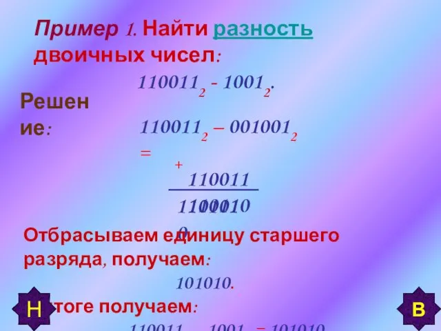 Пример 1. Найти разность двоичных чисел: 1100112 - 10012. Решение: 1100112 –