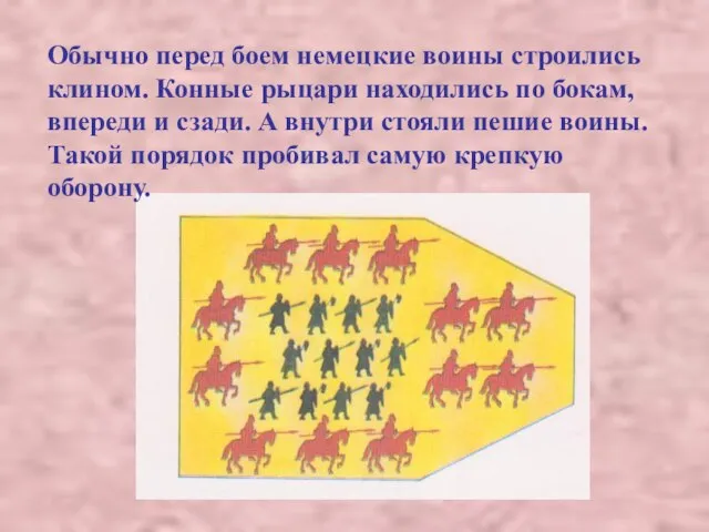 Обычно перед боем немецкие воины строились клином. Конные рыцари находились по бокам,