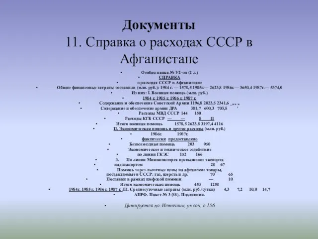 Документы 11. Справка о расходах СССР в Афганистане Особая папка № У2-оп