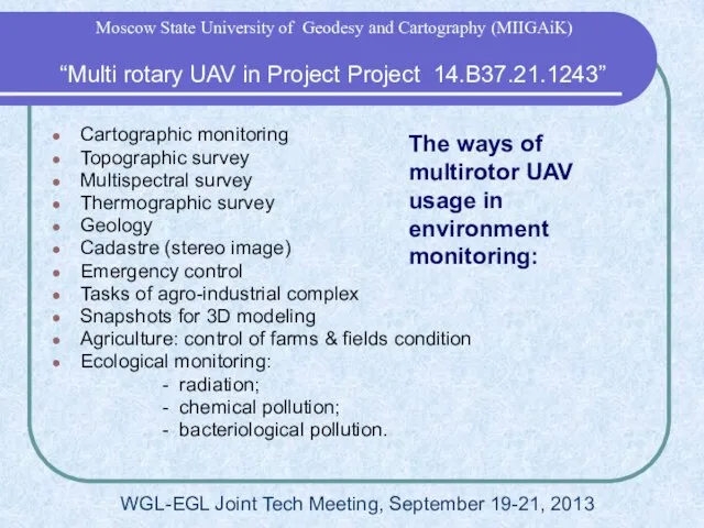 The ways of multirotor UAV usage in environment monitoring: Cartographic monitoring Topographic