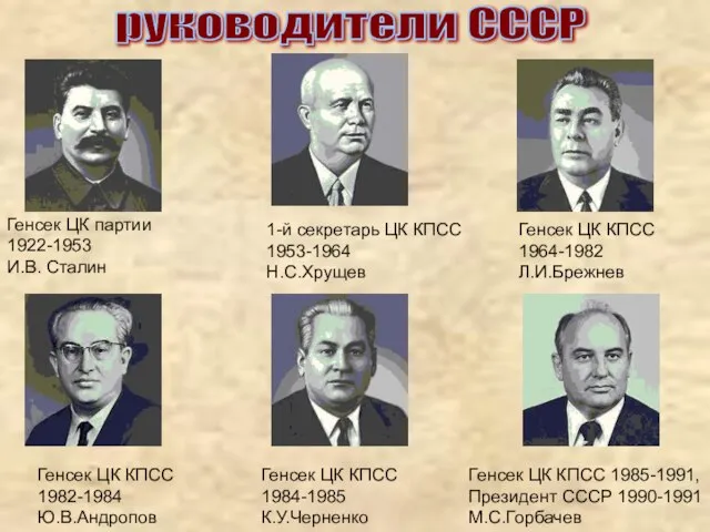 Генсек ЦК партии 1922-1953 И.В. Сталин 1-й секретарь ЦК КПСС 1953-1964 Н.С.Хрущев