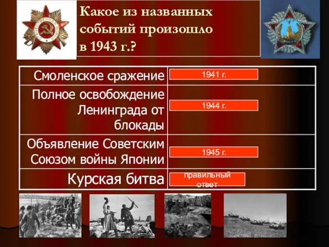 Какое из названных событий произошло в 1943 г.? 1941 г. 1944 г. 1945 г. правильный ответ