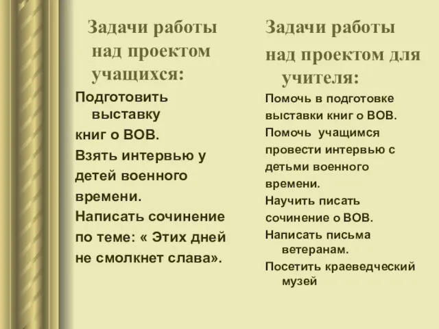 Задачи работы над проектом учащихся: Подготовить выставку книг о ВОВ. Взять интервью