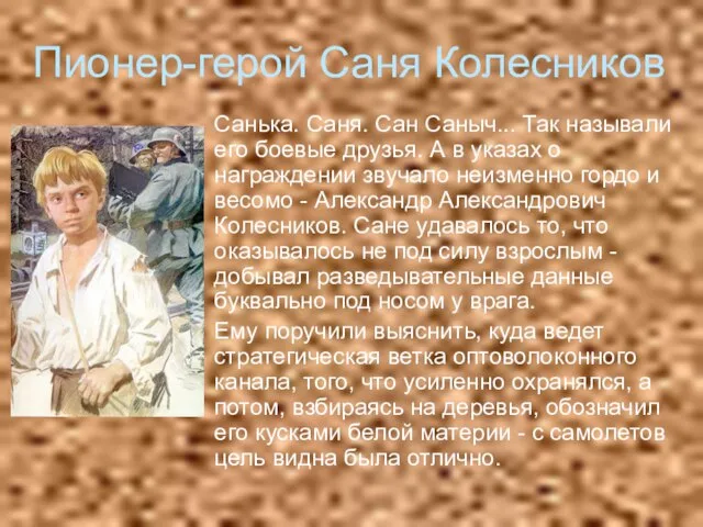 Пионер-герой Саня Колесников Санька. Саня. Сан Саныч... Так называли его боевые друзья.