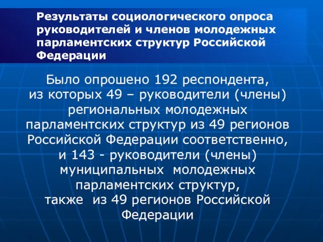 Результаты социологического опроса руководителей и членов молодежных парламентских структур Российской Федерации Было