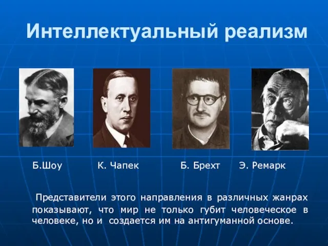 Интеллектуальный реализм Б.Шоу К. Чапек Б. Брехт Э. Ремарк Представители этого направления