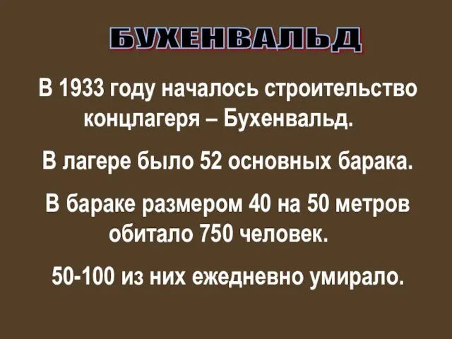 В 1933 году началось строительство концлагеря – Бухенвальд. В лагере было 52