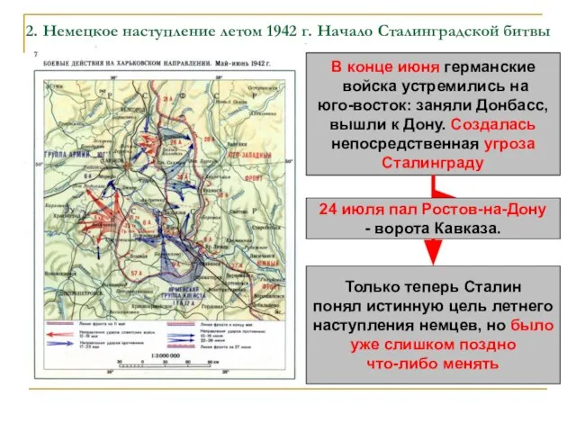2. Немецкое наступление летом 1942 г. Начало Сталинградской битвы В конце июня