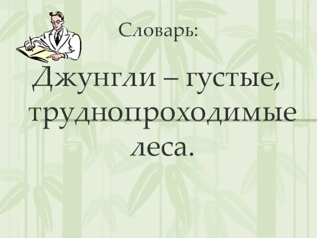 Словарь: Джунгли – густые, труднопроходимые леса.