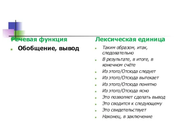 Речевая функция Обобщение, вывод Лексическая единица Таким образом, итак, следовательно В результате,