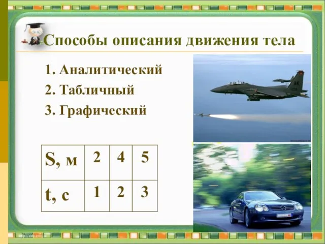 V, м/с Способы описания движения тела 1. Аналитический 2. Табличный 3. Графический