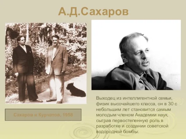 А.Д.Сахаров Выходец из интеллигентной семьи, физик высочайшего класса, он в 30 с