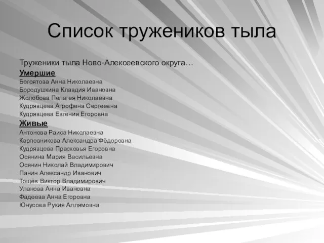 Список тружеников тыла Труженики тыла Ново-Алексеевского округа… Умершие Богоятова Анна Николаевна Бородушкина