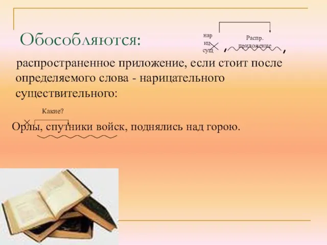 Обособляются: распространенное приложение, если стоит после определяемого слова - нарицательного существительного: Орлы,