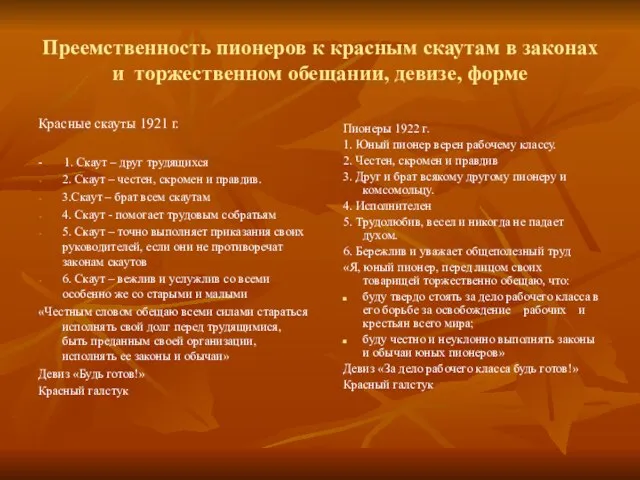 Преемственность пионеров к красным скаутам в законах и торжественном обещании, девизе, форме