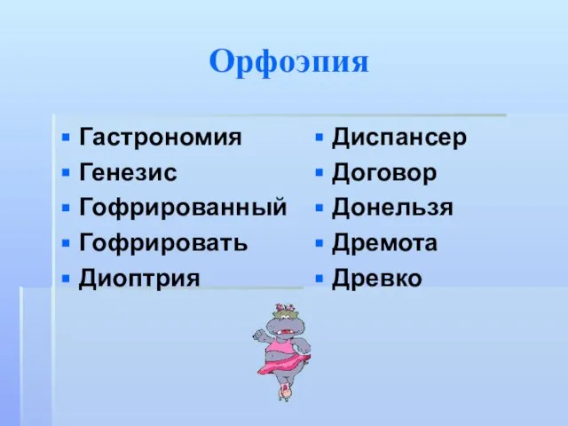 Орфоэпия Гастрономия Генезис Гофрированный Гофрировать Диоптрия Диспансер Договор Донельзя Дремота Древко