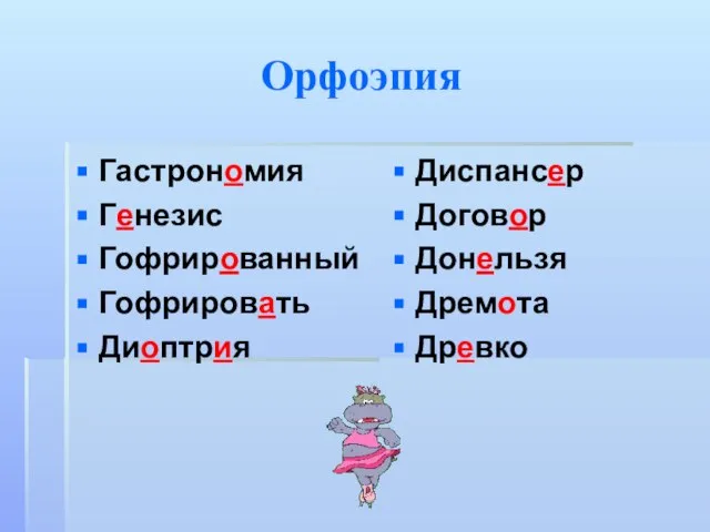 Орфоэпия Гастрономия Генезис Гофрированный Гофрировать Диоптрия Диспансер Договор Донельзя Дремота Древко