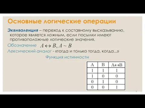 Основные логические операции Эквиваленция – переход к составному высказыванию, которое является ложным,