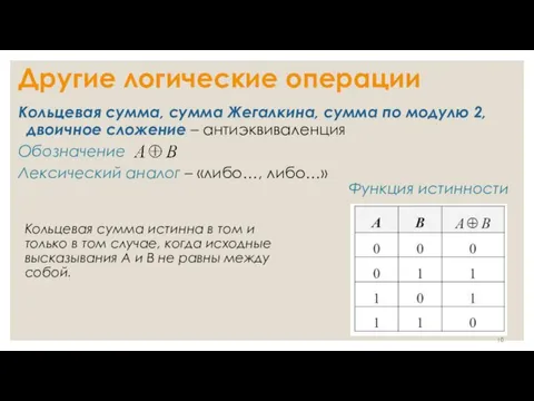 Другие логические операции Кольцевая сумма, сумма Жегалкина, сумма по модулю 2, двоичное