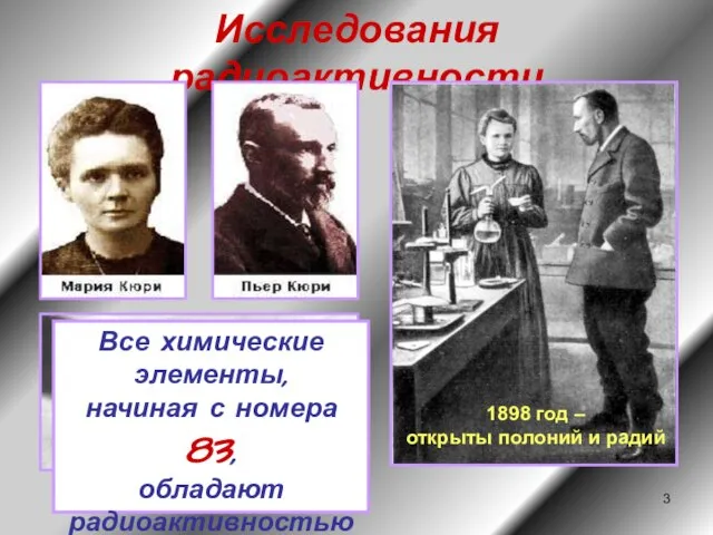 Исследования радиоактивности 1898 год – открыты полоний и радий Все химические элементы,