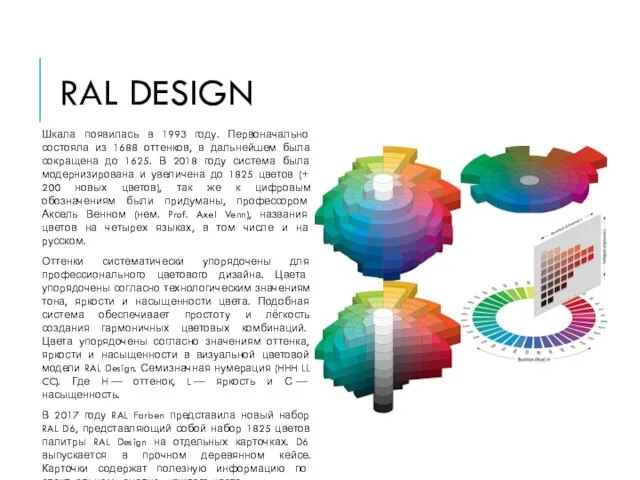 RAL DESIGN Шкала появилась в 1993 году. Первоначально состояла из 1688 оттенков,