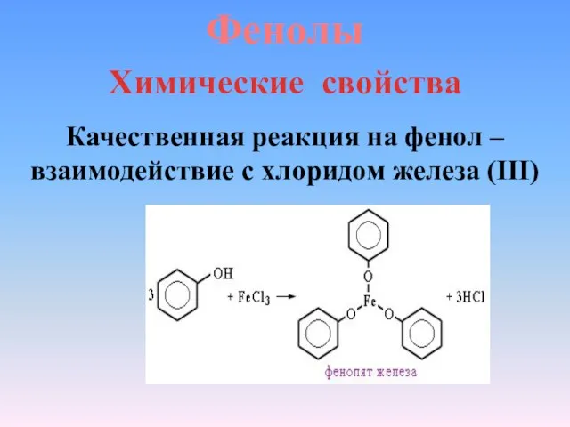 Фенолы Химические свойства Качественная реакция на фенол – взаимодействие с хлоридом железа (III)