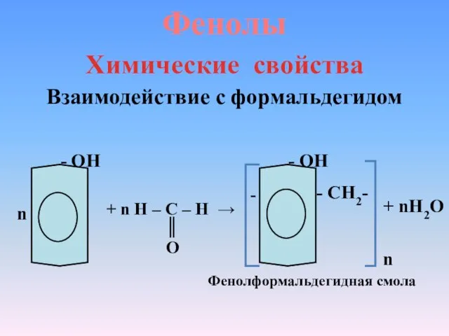 Фенолы Химические свойства Взаимодействие с формальдегидом n - ОН + n H