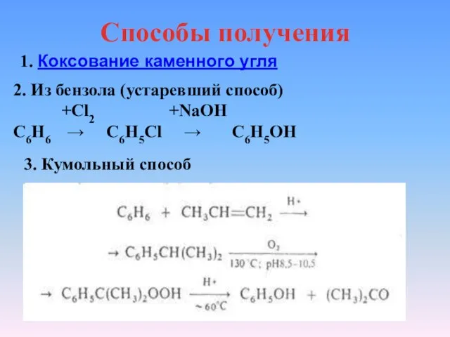 Способы получения 1. Коксование каменного угля 2. Из бензола (устаревший способ) +Cl2