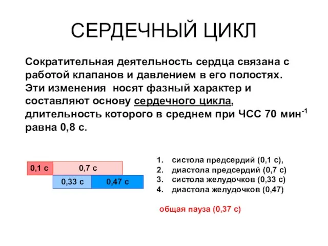 СЕРДЕЧНЫЙ ЦИКЛ систола предсердий (0,1 с), диастола предсердий (0,7 с) систола желудочков