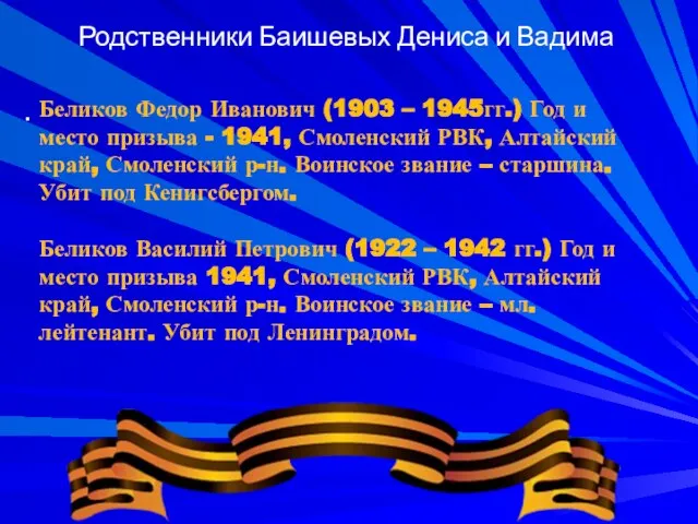 . Родственники Баишевых Дениса и Вадима Беликов Федор Иванович (1903 – 1945гг.)