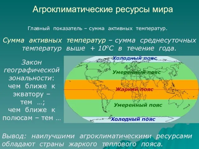 Агроклиматические ресурсы мира Главный показатель – сумма активных температур. Сумма активных температур