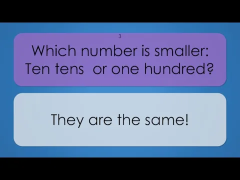 Which number is smaller: Ten tens or one hundred? They are the same! 3