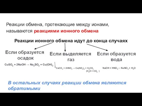 Реакции обмена, протекающие между ионами,называются реакциями ионного обмена Реакции ионного обмена идут