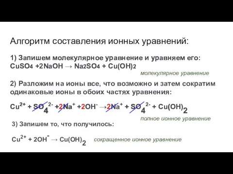 Алгоритм составления ионных уравнений: 1) Запишем молекулярное уравнение и уравняем его: CuSO4