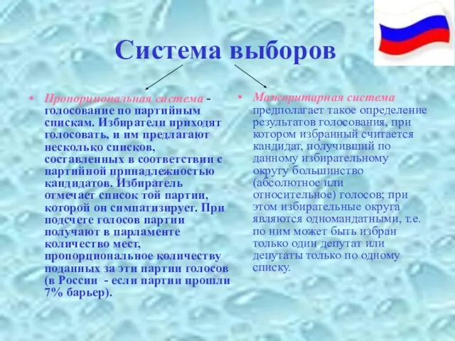 Система выборов Пропорциональная система - голосование по партийным спискам. Избиратели приходят голосовать,