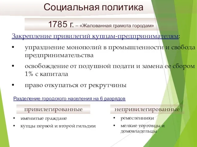 1785 г. – «Жалованная грамота городам» Социальная политика Закрепление привилегий купцам-предпринимателям: упразднение