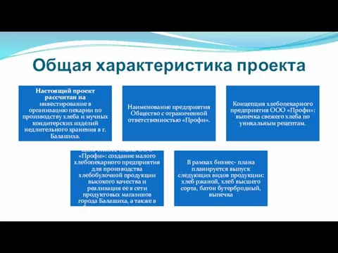 Общая характеристика проекта Настоящий проект рассчитан на инвестирование в организацию пекарни по