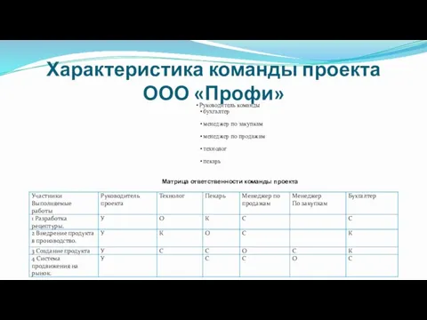 Характеристика команды проекта ООО «Профи» Руководитель команды бухгалтер менеджер по закупкам менеджер