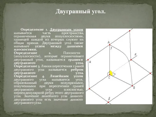 Определение 1. Двугранным углом называется часть пространства, ограниченная двумя полуплоскостями, границей каждой