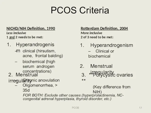 PCOS Criteria PCOS NICHD/NIH Definition, 1990 Less inclusive 1 and 2 needs