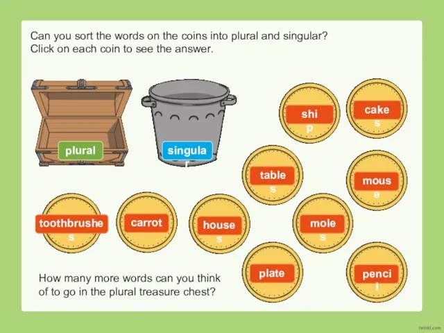 Can you sort the words on the coins into plural and singular?