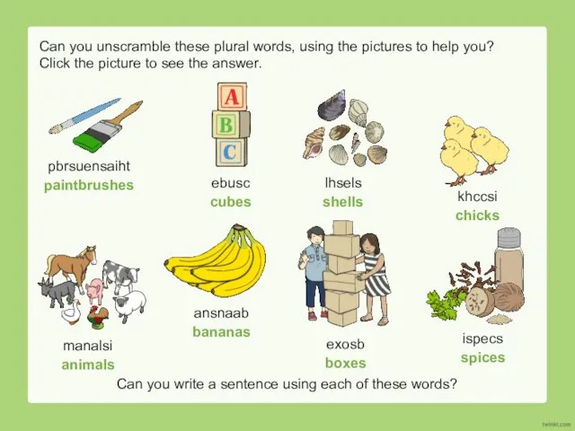 Can you unscramble these plural words, using the pictures to help you?