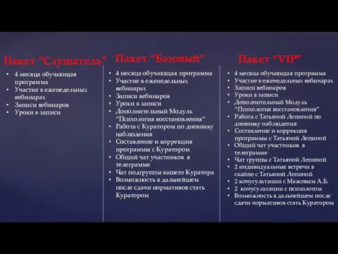 Пакет “Слушатель” Пакет “Базовый” Пакет “VIP” 4 месяца обучающая программа Участие в