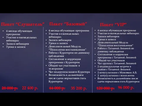 Пакет “Слушатель” Пакет “Базовый” Пакет “VIP” 4 месяца обучающая программа Участие в